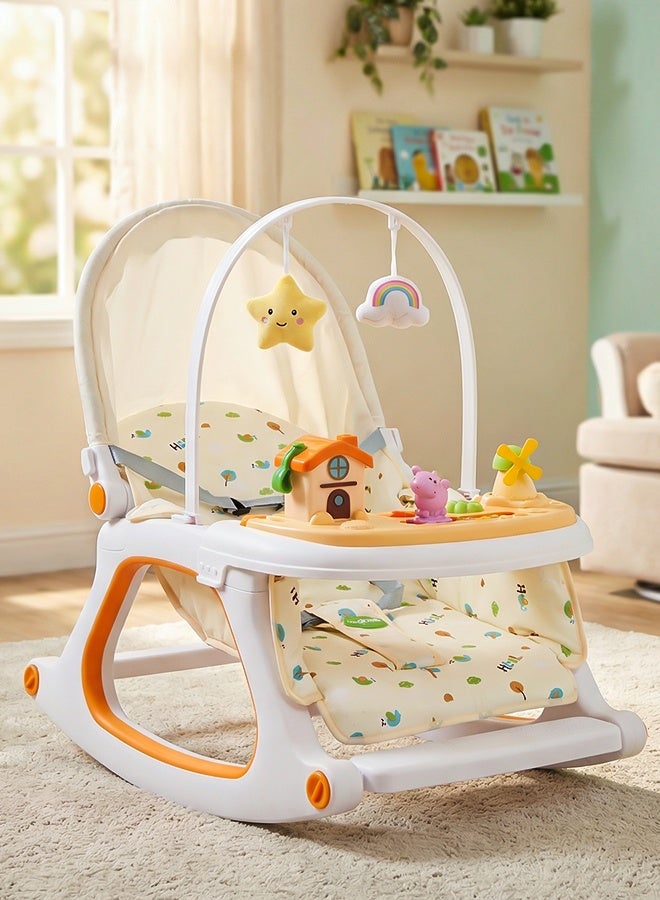 BAYBEE 3 in 1 Baby Rocker & Feeding Chair | Baby Rocking Chair for Kids with Soothing Rocking Motion, Adjustable Recline, Removable Food & Toy Tray, Safety Harness | Baby Rocker for Kids 0 to 3 Years Beige - Image 1